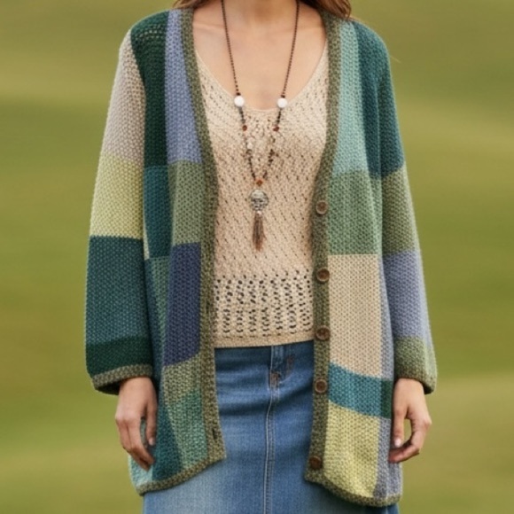 CJ Banks Sweaters - Patchwork Cottagecore Open Knit Blue Green Button Cardigan Sweater Womens Large
